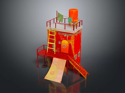 Red Small Tower Like Building With Yellow Ladder Slide Green Cloth And Orange Water Tank 3d model