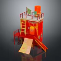 Red Small Tower Like Building With Yellow Ladder Slide Green Cloth And Orange Water Tank