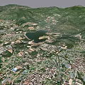 Aerial View Planning of Urban Area With Mountains Lake River Buildings and Roads