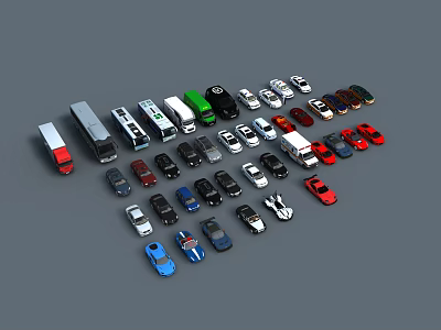 Diverse Car Models Including Trucks Sedans Sports Cars in Various Colors Arranged on Gray Background 3d model