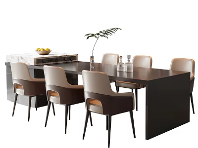 Modern Dining Table Set With Dark Tabletop Beige Chairs Potted Plant And Fruit Bowl 3d model