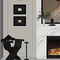 Elegant Living Room With Black Wooden Chair Framed Art And Marble Fireplace