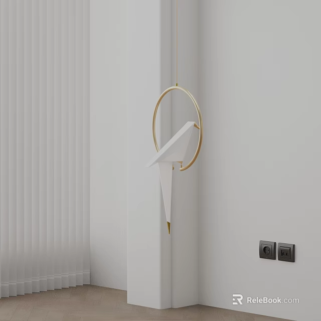 Golden Ring Chandelier With White And Gold Geometric Shapes On White Wall Near Vertical Curtains 3d model 