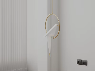Golden Ring Chandelier With White And Gold Geometric Shapes On White Wall Near Vertical Curtains 3d model