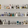 Perfume and Cosmetics Display on Shelves with Various Bottles and Jars