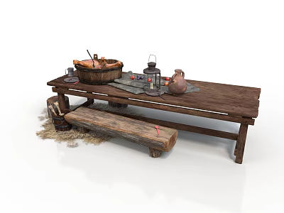 Rustic Wooden Table With Bench Bucket Lantern And Clay Pot Arrangement 3d model