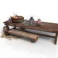 Rustic Wooden Table With Bench Bucket Lantern And Clay Pot Arrangement