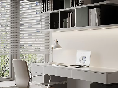 Modern Apartment Workspace With White Desk Chair And Lamp 3d model