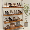 Shoes Displayed on Wooden Shelves with High Heels Flats Sandals Various Styles and Potted Plant