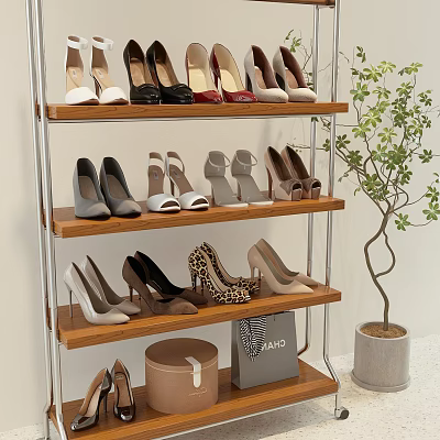 Shoes Displayed on Wooden Shelves with High Heels Flats Sandals Various Styles and Potted Plant 3d model