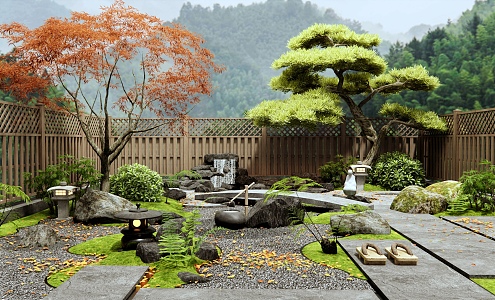 Courtyard landscape rockery waterscape plant landscape stone withered mountain stone pine tree 3d model