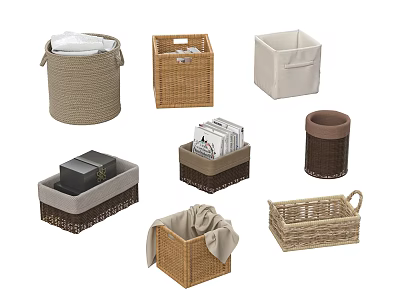 Various Wicker and Fabric Storage Baskets for Home Organizing in Different Shapes 3d model