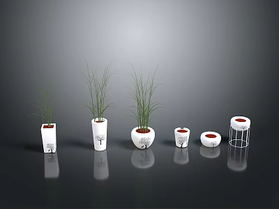 Slender Green Plants in Various White Flower Pots for Modern Indoor Decor 3d model