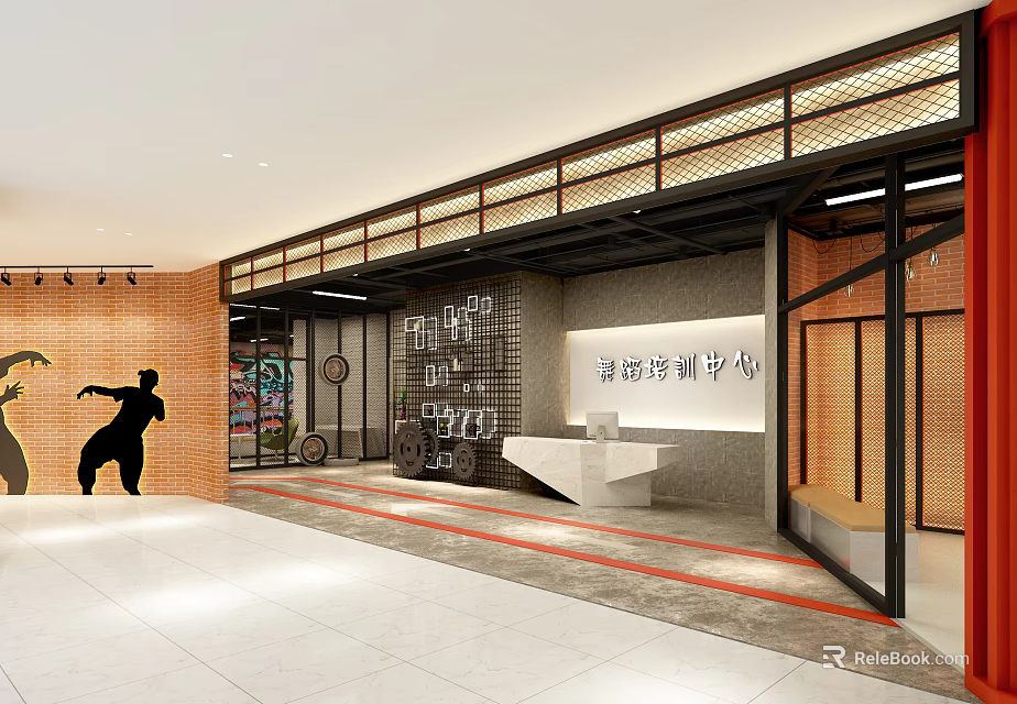 Modern Fitness Training Center Entrance With Gym Silhouette Reception Desk Brick Wall And Glass Doors 3d model 