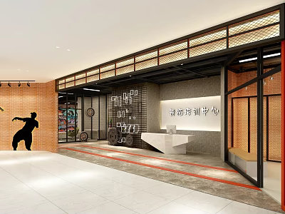 Modern Fitness Training Center Entrance With Gym Silhouette Reception Desk Brick Wall And Glass Doors 3d model