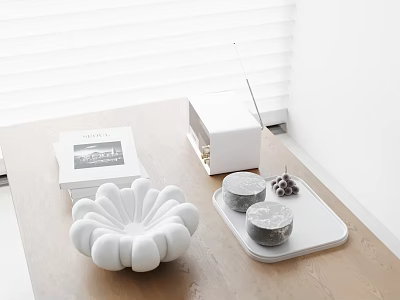 Decorative Ornament Set With White Flower Shaped Ornament Gray Cylinders Purple Fruits On Wooden Table 3d model