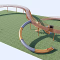 Curved Wooden Bridge Design on Green Grassland With Circular Structures and Railings