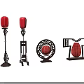 Various Traditional Design Floor Lamps With Red Lampshades And Decorative Bases