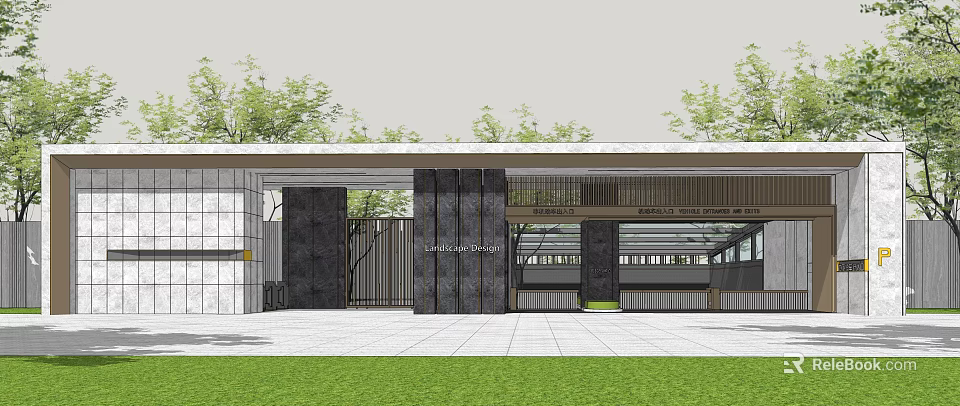 Modern Entrance Gate Design With Stone Columns Glass Structure And Green Landscaping 3d model 
