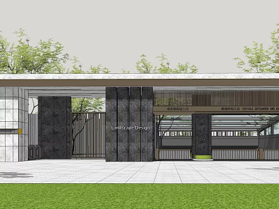 Modern Entrance Gate Design With Stone Columns Glass Structure And Green Landscaping 3d model