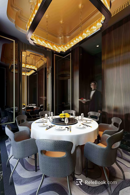 Elegant Private Dining Room With Round Table White Tablecloth Gray Chairs And Yellow Centerpiece 3d model 