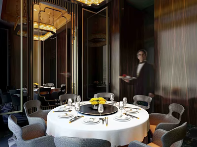 Elegant Private Dining Room With Round Table White Tablecloth Gray Chairs And Yellow Centerpiece 3d model