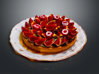 Delicious Homemade Fruit Tart with Fresh Strawberries and Figs on White Plate with Gold Pattern 3d model
