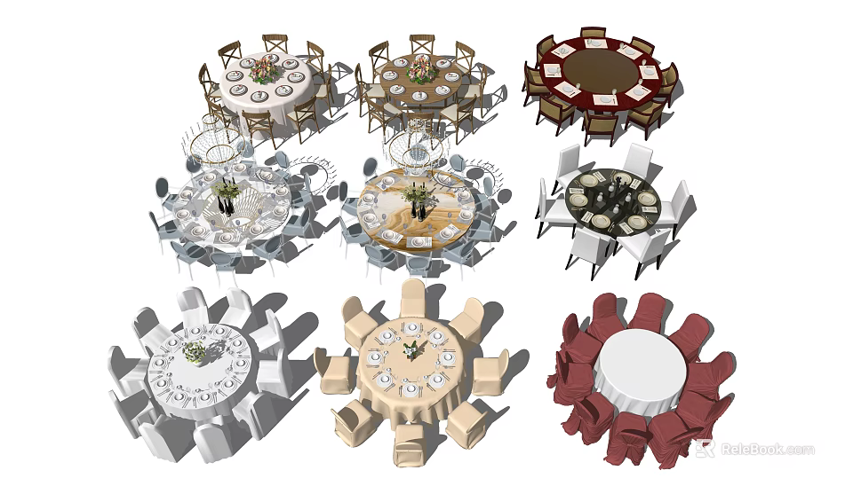 Various Style Dining Table Sets With Round Tables And Colored Chairs 3d model