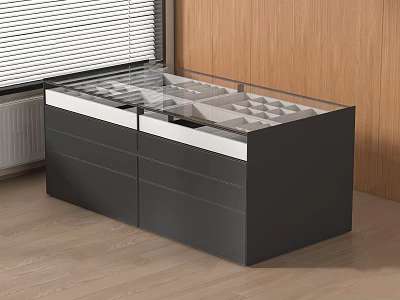 Black Storage Cabinet With Glass Top And Drawers In Wooden Room With Window Blinds 3d model