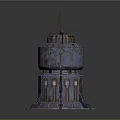 Rusted Industrial Metal Tower Structure With Pipes Grill Windows And Base Support