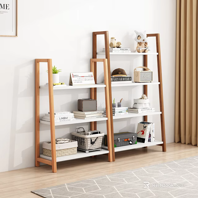 Modern Wooden Bookshelf with White Shelves Books Decorative Items and Storage Baskets 3d model 