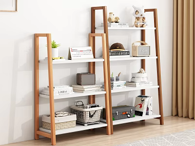 Modern Wooden Bookshelf with White Shelves Books Decorative Items and Storage Baskets 3d model