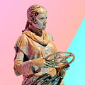 Landscape Sculpture Human Figure Holding Circular Geometric Pattern With Decorative Base Pastel Pink Blue Background