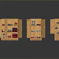 Three Wooden Storage Cabinets with Open Doors Containing Clothes Shoes And Items