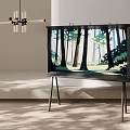 Sleek TV Displaying Vivid Forest Scene in Minimalist Interior with Simple Stand