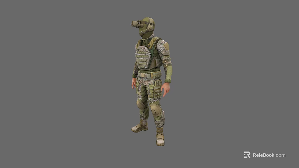Game Movie Character In Camouflage Military Uniform With Tactical Vest And Goggles 3d model 