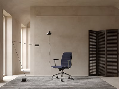 Navy Blue Modern Office Chair With Armrests In Minimalist Room With Floor Lamp 3d model