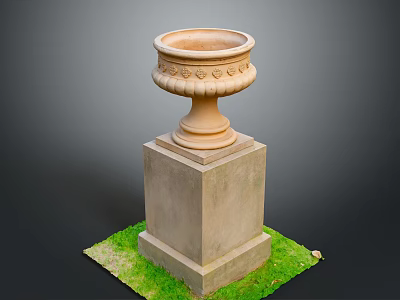 Decorative Stone Urn With Ornate Top On Square Pedestal In Green Grass 3d model