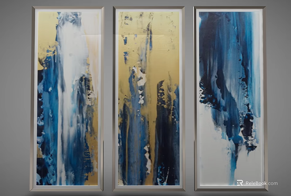 Modern Abstract Paintings With Blue Gold White Brush Strokes In Framed Panels 3d model 