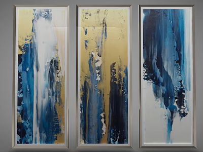 Modern Abstract Paintings With Blue Gold White Brush Strokes In Framed Panels 3d model