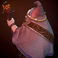 Fantasy Game Elder Character in Blue White Cloak with Golden Ornaments and Wooden Staff