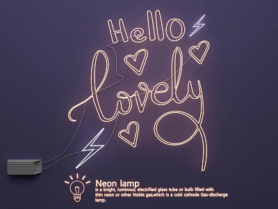 Neon Lamp Combination With Hello Lovely Text Hearts Lightning Bolts Glowing On Dark Background 3d model