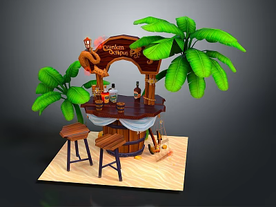 Tropical Island Bar Counter with Wooden Barrel Design Wine Bottles Glasses Palm Leaves and Stools 3d model