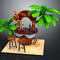 Tropical Island Bar Counter with Wooden Barrel Design Wine Bottles Glasses Palm Leaves and Stools