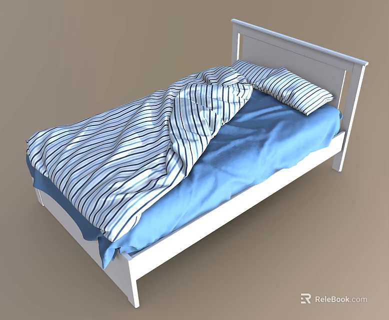 Cozy Single Bed With White Frame Blue Sheet And Striped Blanket 3d model 