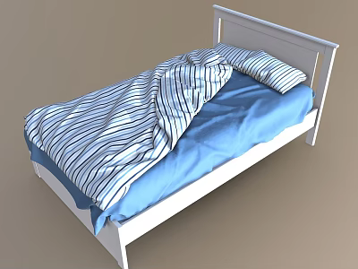 Cozy Single Bed With White Frame Blue Sheet And Striped Blanket 3d model