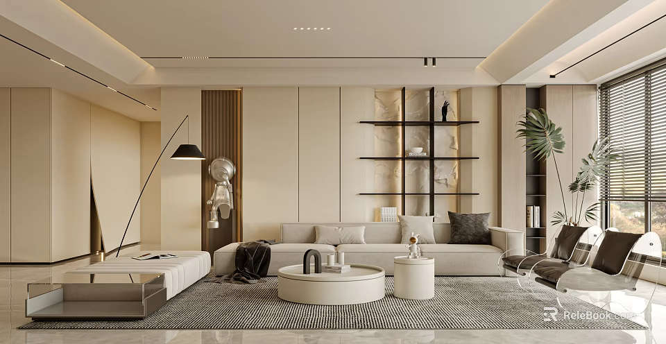 Modern Light Tones Living Room Interior Design With Sofa Display Shelves Area Rug And Floor Lamp 3d model 