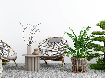 Outdoor Table with Woven Rattan Chairs Lush Green Plants Miniature Pine Tree on Gravel Ground 3d model