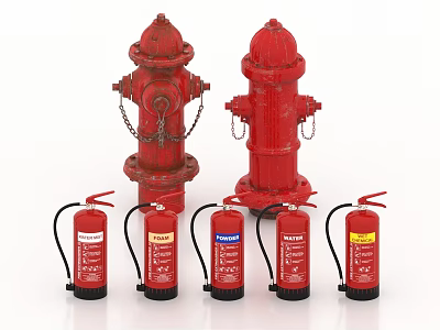 Essential Fire Safety Equipment Featuring Red Fire Hydrants and Fire Extinguishers 3d model
