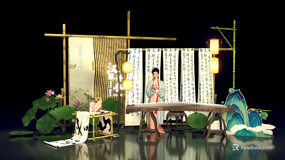 Chinese Style Photo Spot With Bamboo Screens Lanterns Lotus Guzheng And Woman In Traditional Costume 3d model 